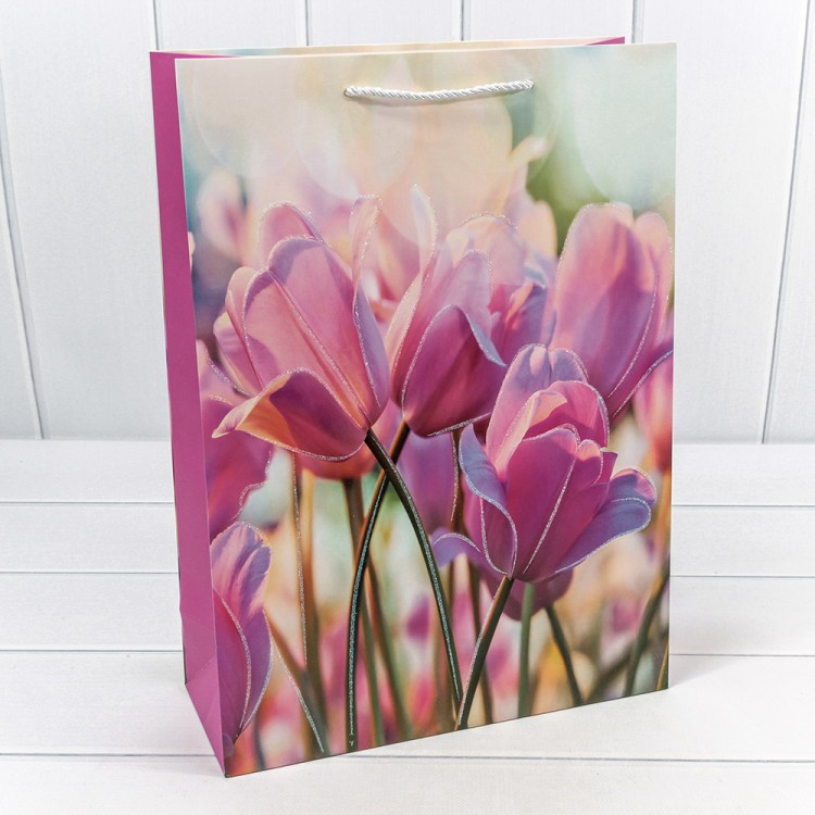 000312A Пакет подарочный с блёстками "Тюльпаны" (микс 312) 30*41,5*12 210г 1/20 1/80