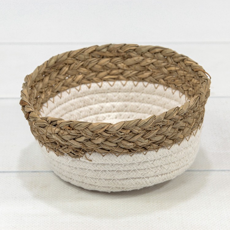 420167/77 Корзина плетёная Круглая 15*7 (±5%) из камыша и хлопка (77) Натуральный/Белый 1/120