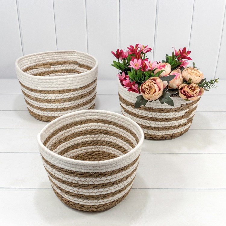 420215/230 Корзины плетёные Круглые Набор 1/3 29*18 (±5%) из хлопка и камыша Белый/Натуральный 1/8 420215/230 Корзины плетёные Круглые Набор 1/3 29*18 (±5%) из хлопка и камыша Белый/Натуральный 1/8