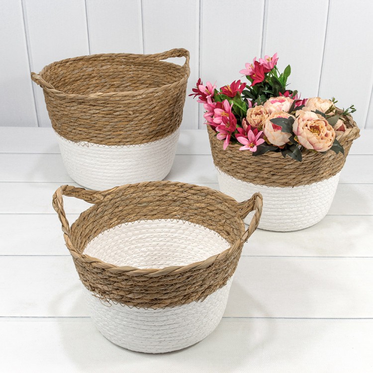 420218/231 Корзины плетёные Круглые Набор 1/3 36*27 (±5%) из камыша и хлопка с ручками Натуральный/Белый 1/8 420218/231 Корзины плетёные Круглые Набор 1/3 36*27 (±5%) из камыша и хлопка с ручками Натуральный/Белый 1/8