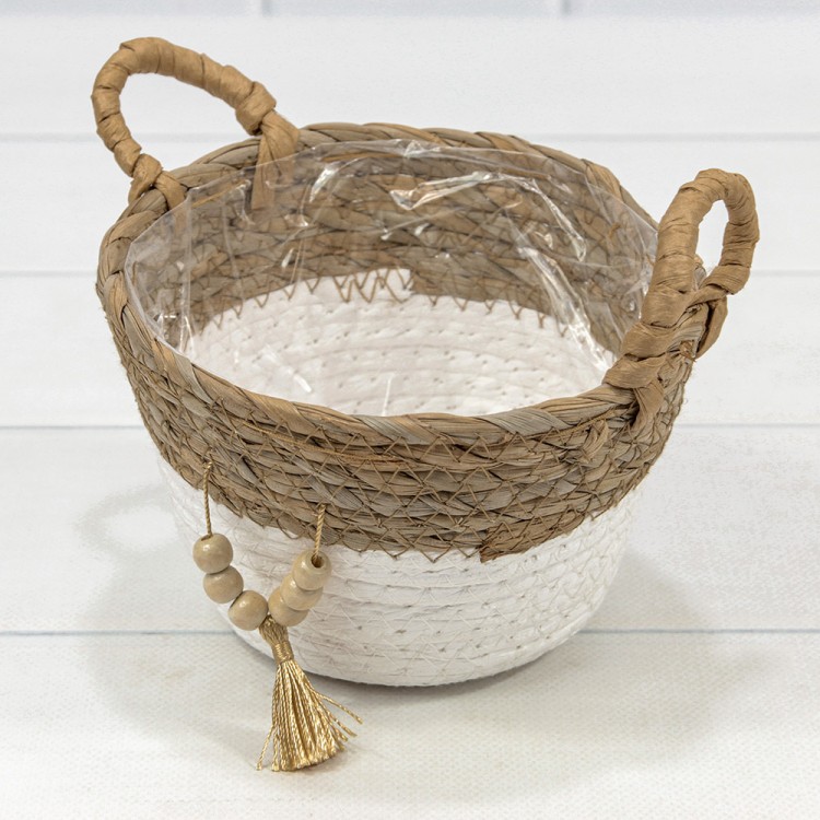 420125/1 Корзина плетёная Круглая 15*12 (±5%) из камыша и бумаги с ручками Натуральный/Белый 1/96