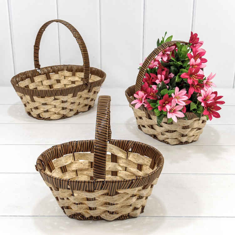 420177/2197 Корзины плетёные Овальные Набор 1/3 27*21*10 (±5%) из пластика с ручкой Коричневый/Бежевый 1/20 420177/2197 Корзины плетёные Овальные Набор 1/3 27*21*10 (±5%) из пластика с ручкой Коричневый/Бежевый 1/20