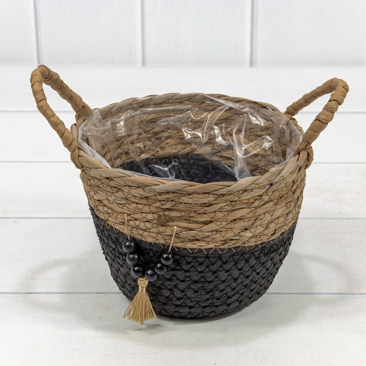 420126/8 Корзина плетёная Круглая 18*13 (±5%) из камыша и бумаги с ручками Натуральный/Чёрный 1/96